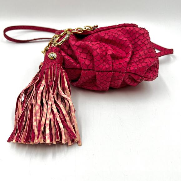 Henri Bendel Small Drawstring Bucket Crossbody Tassel Fish Leather Emboss Pink - Picture 11 of 13
